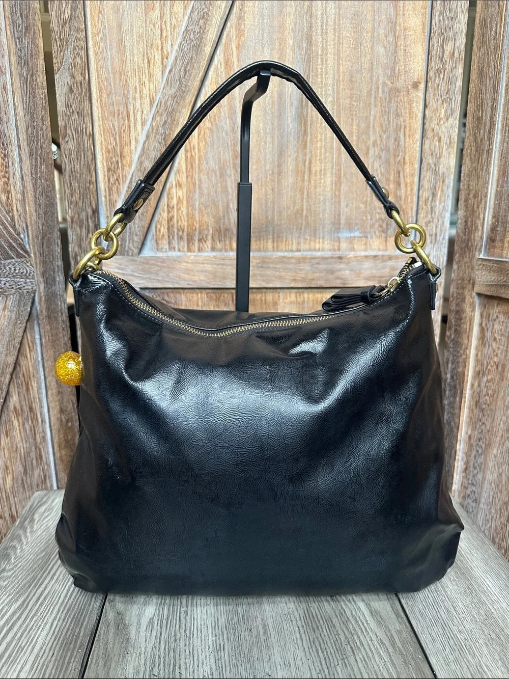 Coach Vintage Y2K Poppy Black Liquid Gloss Tote & Gold Coach Cherry Charm
